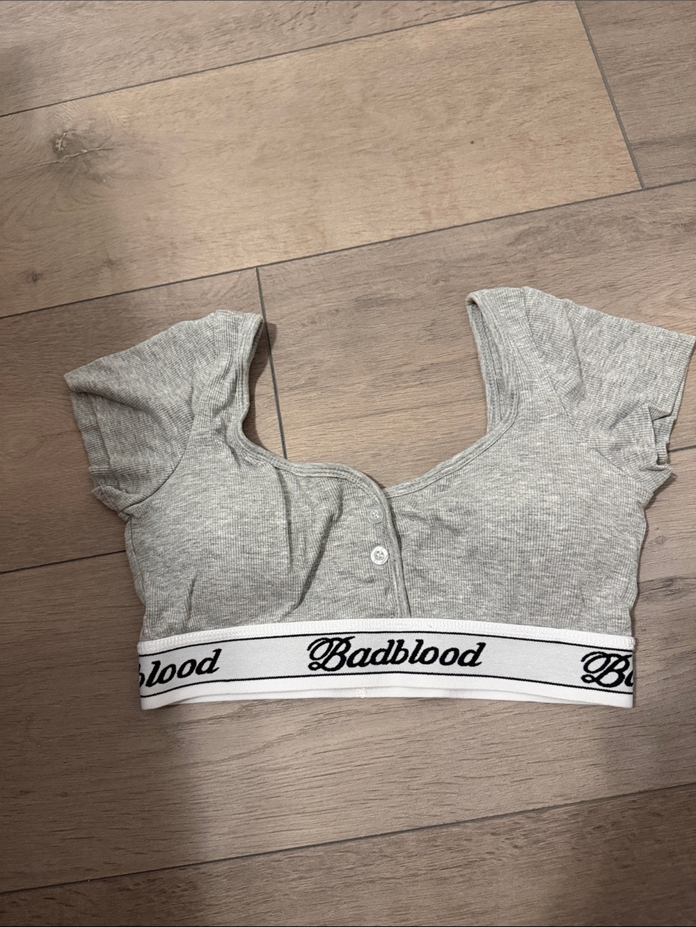 Gray Ribbed Crop Top with Branded Elastic